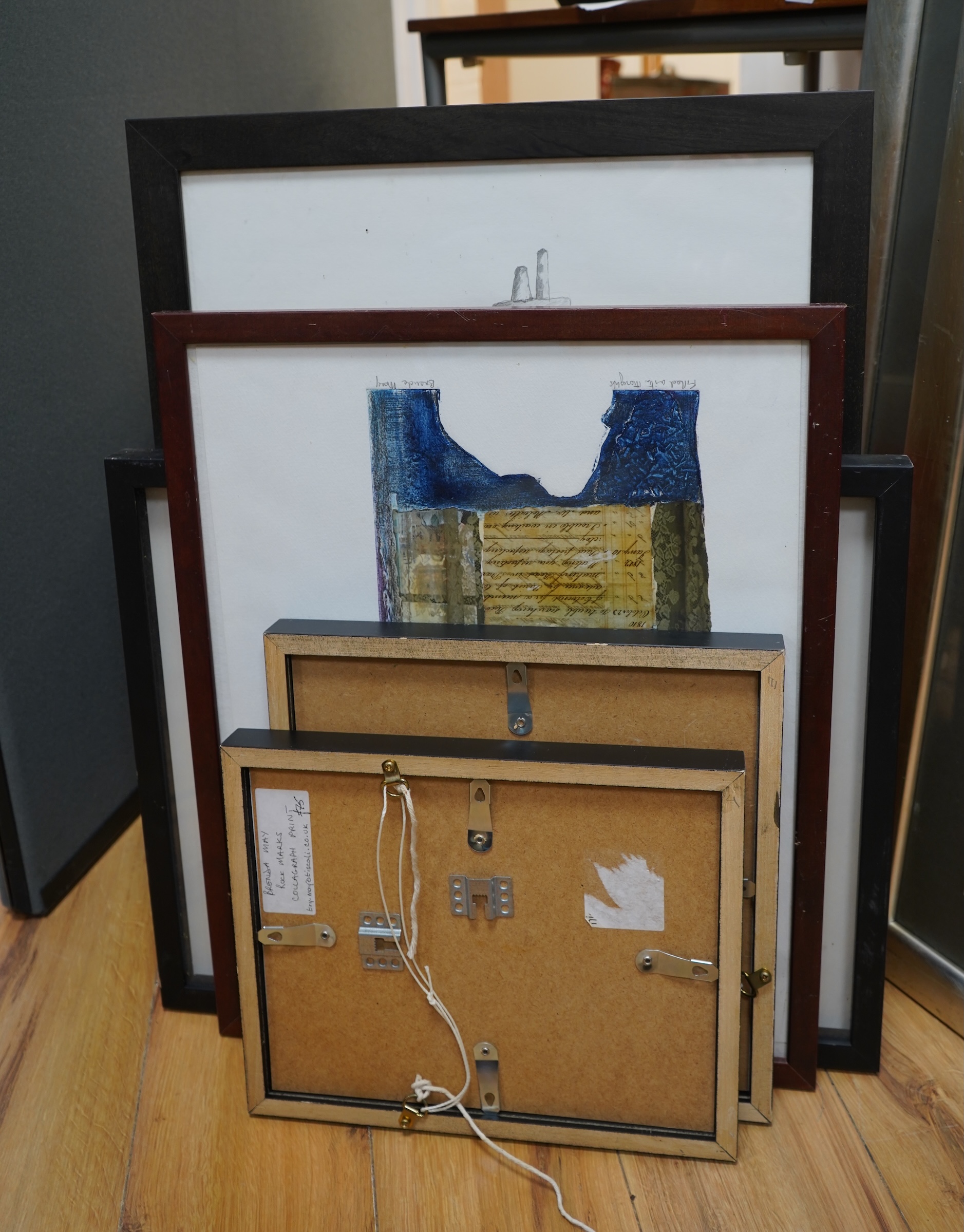 Brenda May (Modern British), a collection of five works to include a collage ‘Italian Autumn’, a pencil sketch and two collagraph prints, one titled ‘Rock Marks’, each signed in pencil, largest 58 x 41cm